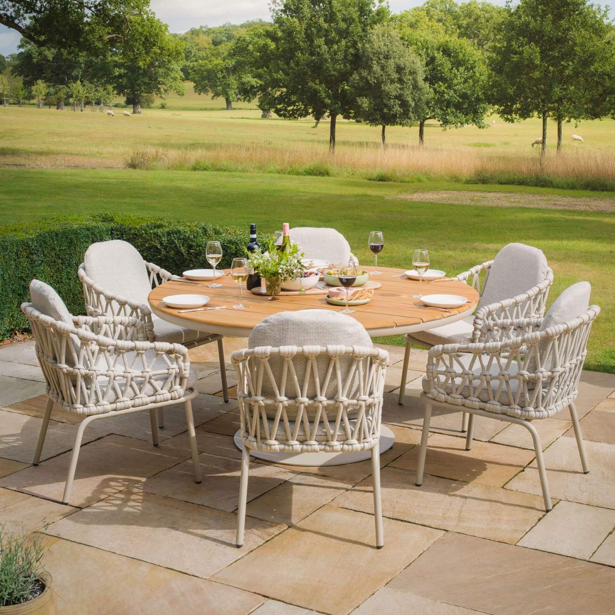 Maze Sicily Open Rope Weave 6 Seat Round Pedestal Dining Set - Latte