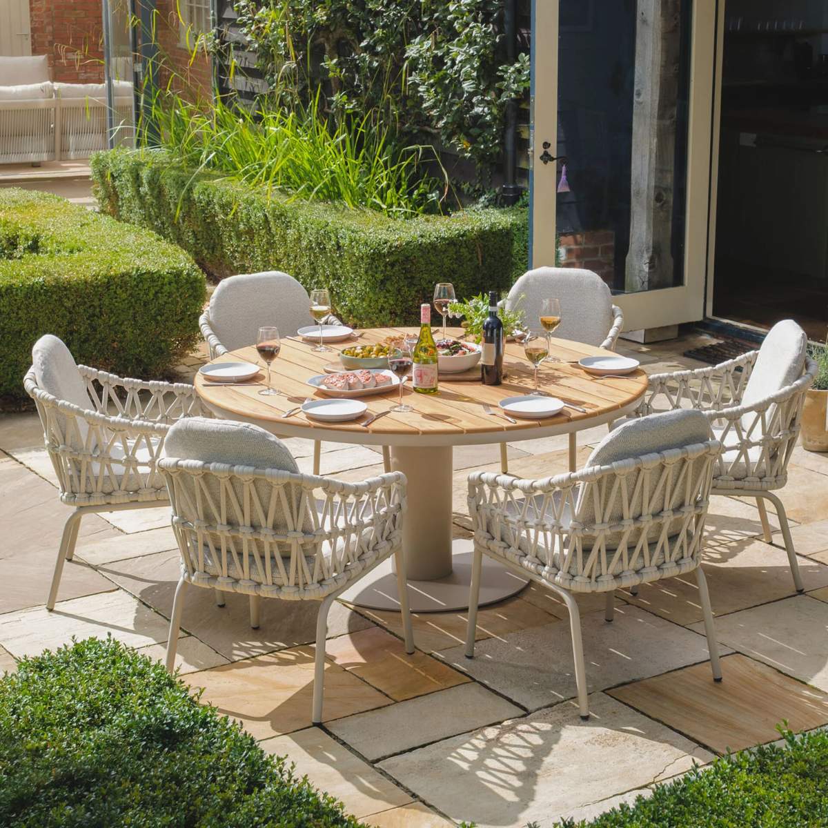 Maze Sicily Open Rope Weave 6 Seat Round Pedestal Dining Set - Latte