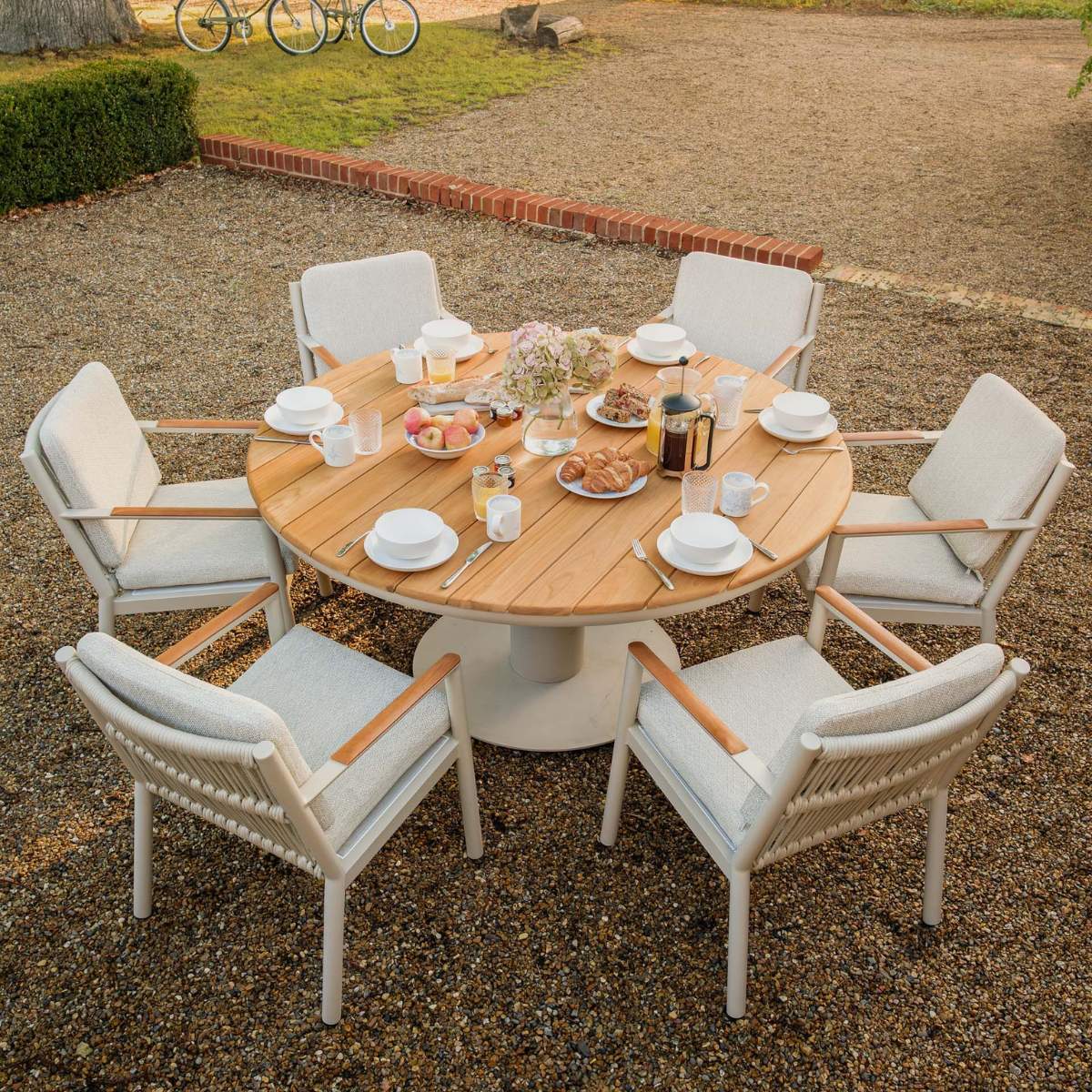 Maze Sicily Rope Weave 6 Seat Round Pedestal Dining Set - Latte