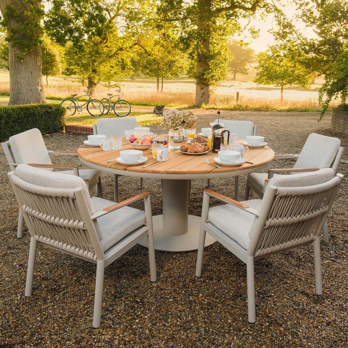 Maze Sicily Rope Weave 6 Seat Round Pedestal Dining Set - Latte