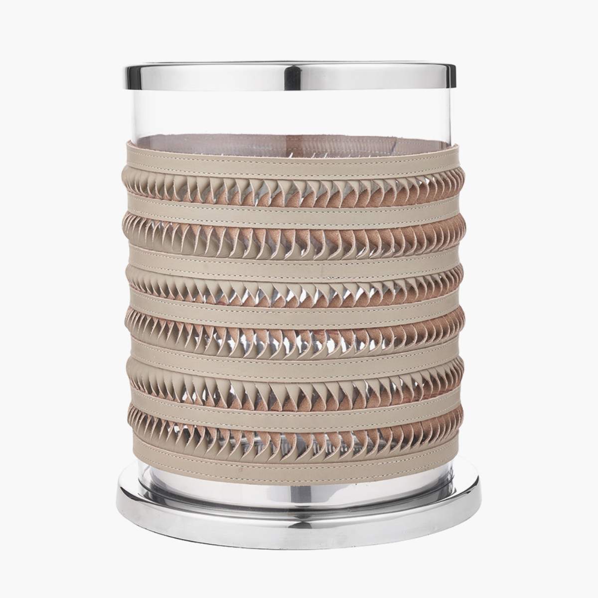 Pacific Lifestyle Silver Metal, Clear Glass and Grey Plaited Leather Hurricane