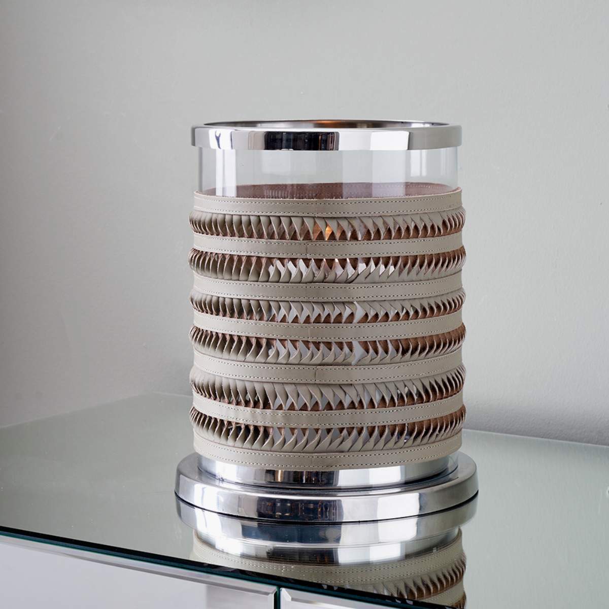 Pacific Lifestyle Silver Metal, Clear Glass and Grey Plaited Leather Hurricane