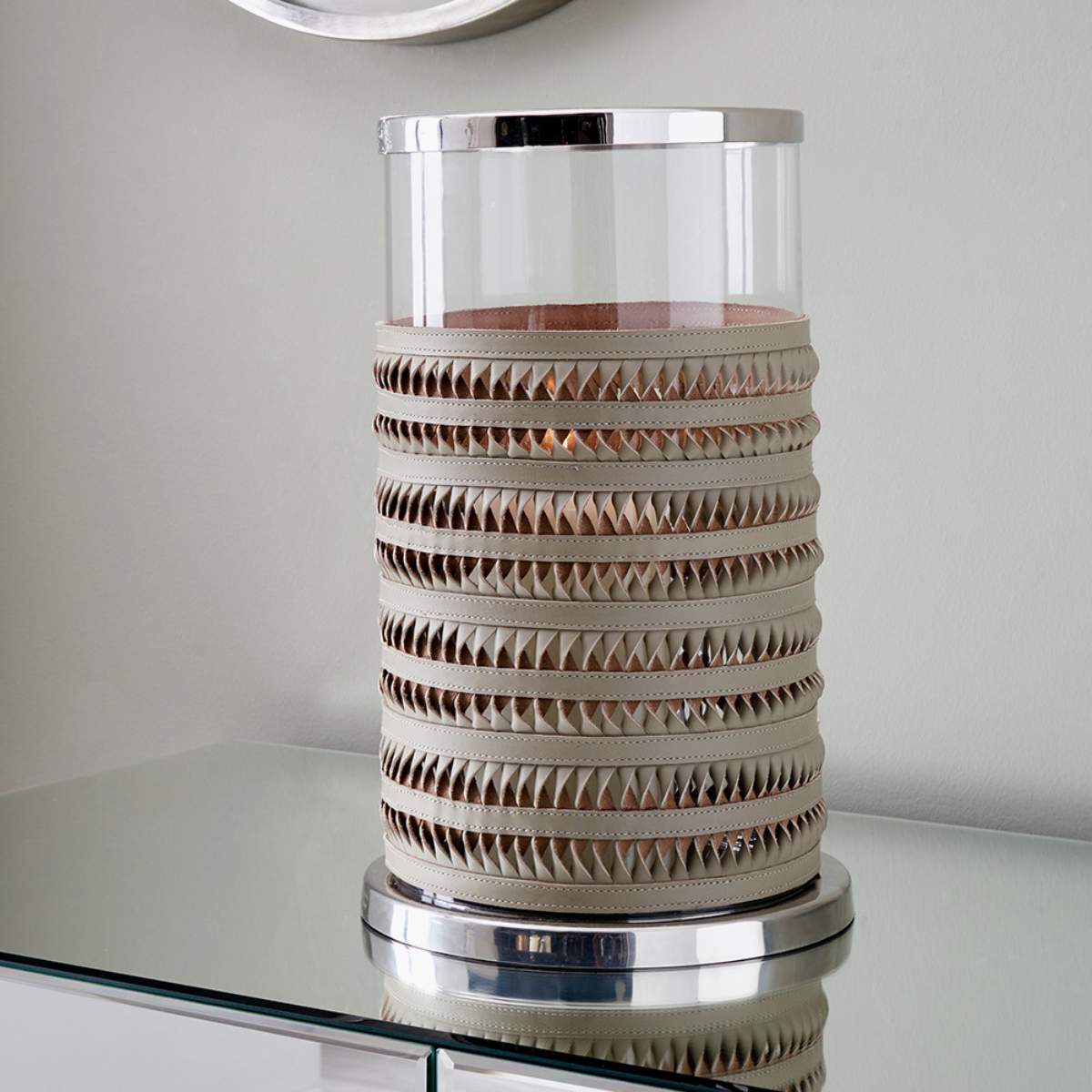 Pacific Lifestyle Silver Metal, Clear Glass and Grey Plaited Leather Hurricane