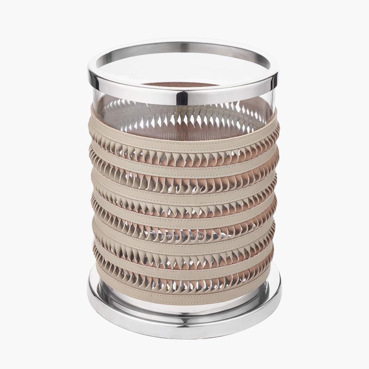 Pacific Lifestyle Silver Metal, Clear Glass and Grey Plaited Leather Hurricane
