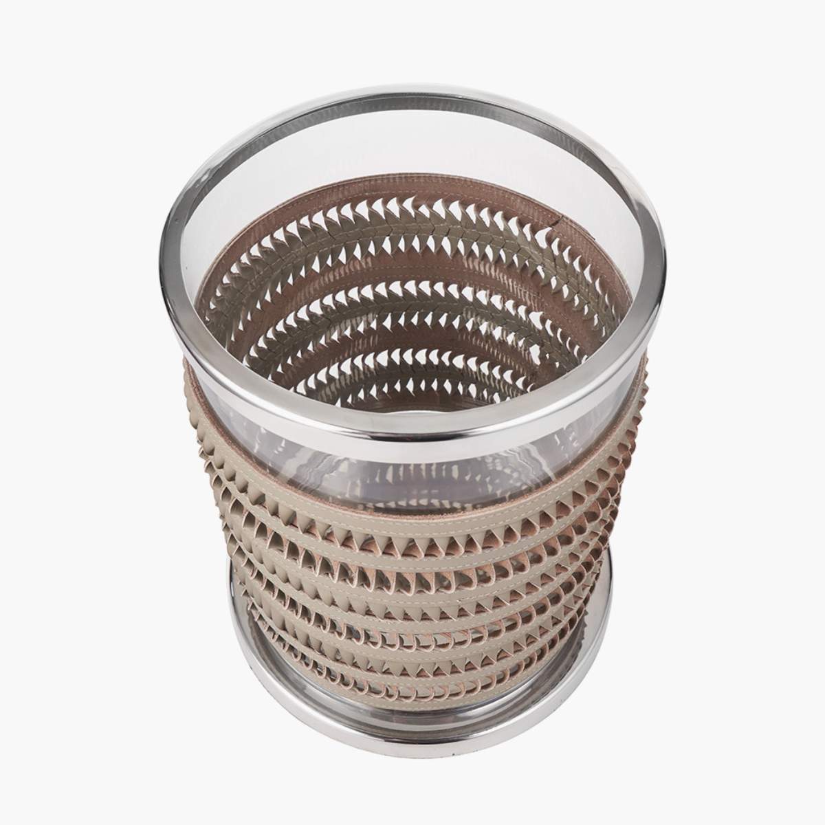 Pacific Lifestyle Silver Metal, Clear Glass and Grey Plaited Leather Hurricane
