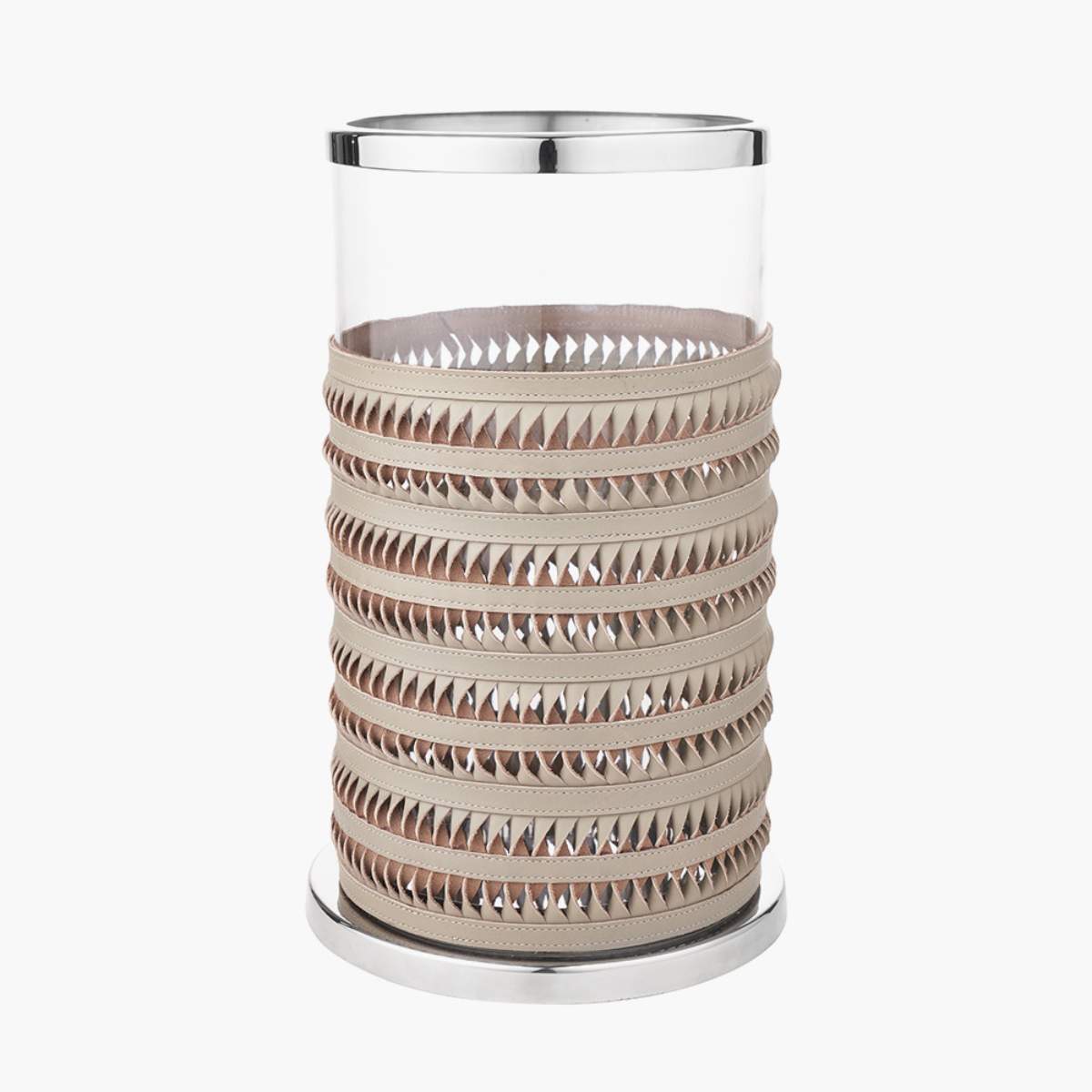 Pacific Lifestyle Silver Metal, Clear Glass and Grey Plaited Leather Hurricane
