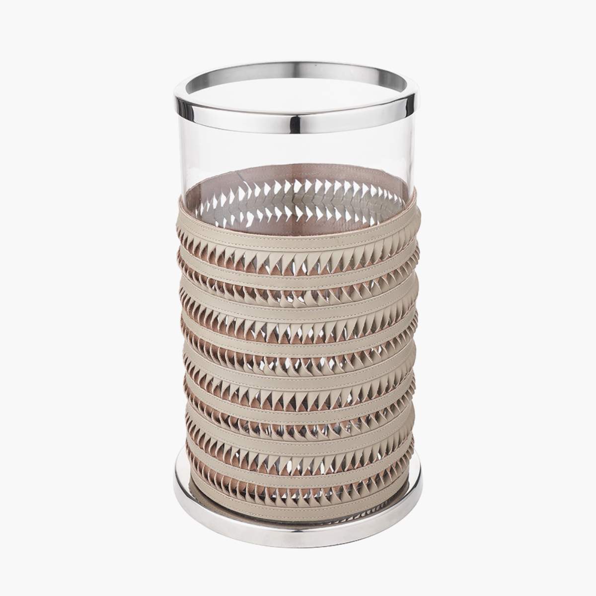 Pacific Lifestyle Silver Metal, Clear Glass and Grey Plaited Leather Hurricane