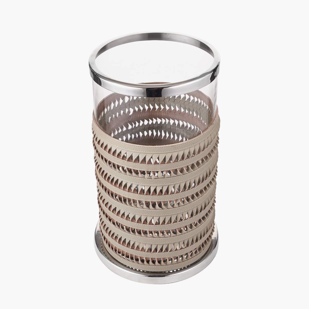 Pacific Lifestyle Silver Metal, Clear Glass and Grey Plaited Leather Hurricane