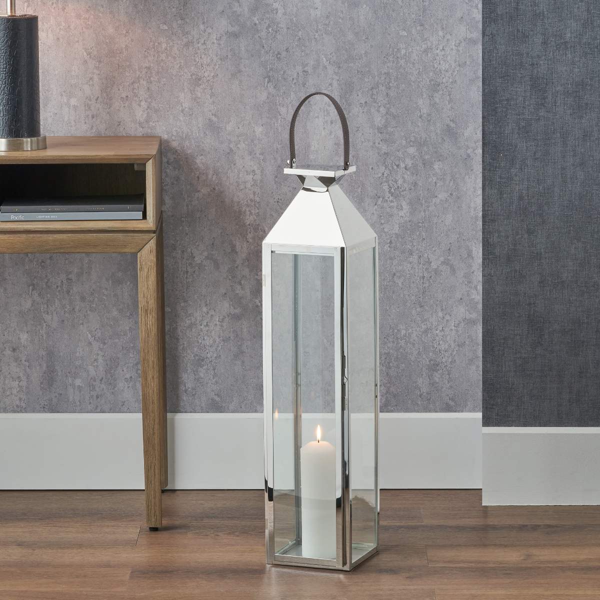 Pacific Lifestyle Silver Stainless Steel and Glass Medium Tall Lantern