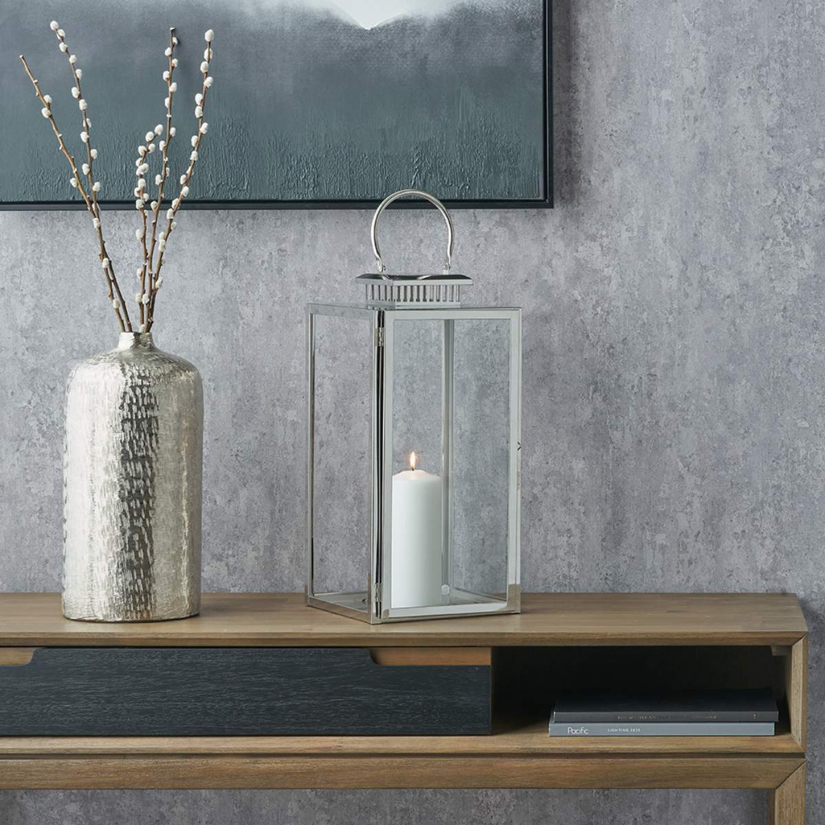 Pacific Lifestyle Silver Stainless Steel and Glass Rectangular Lantern