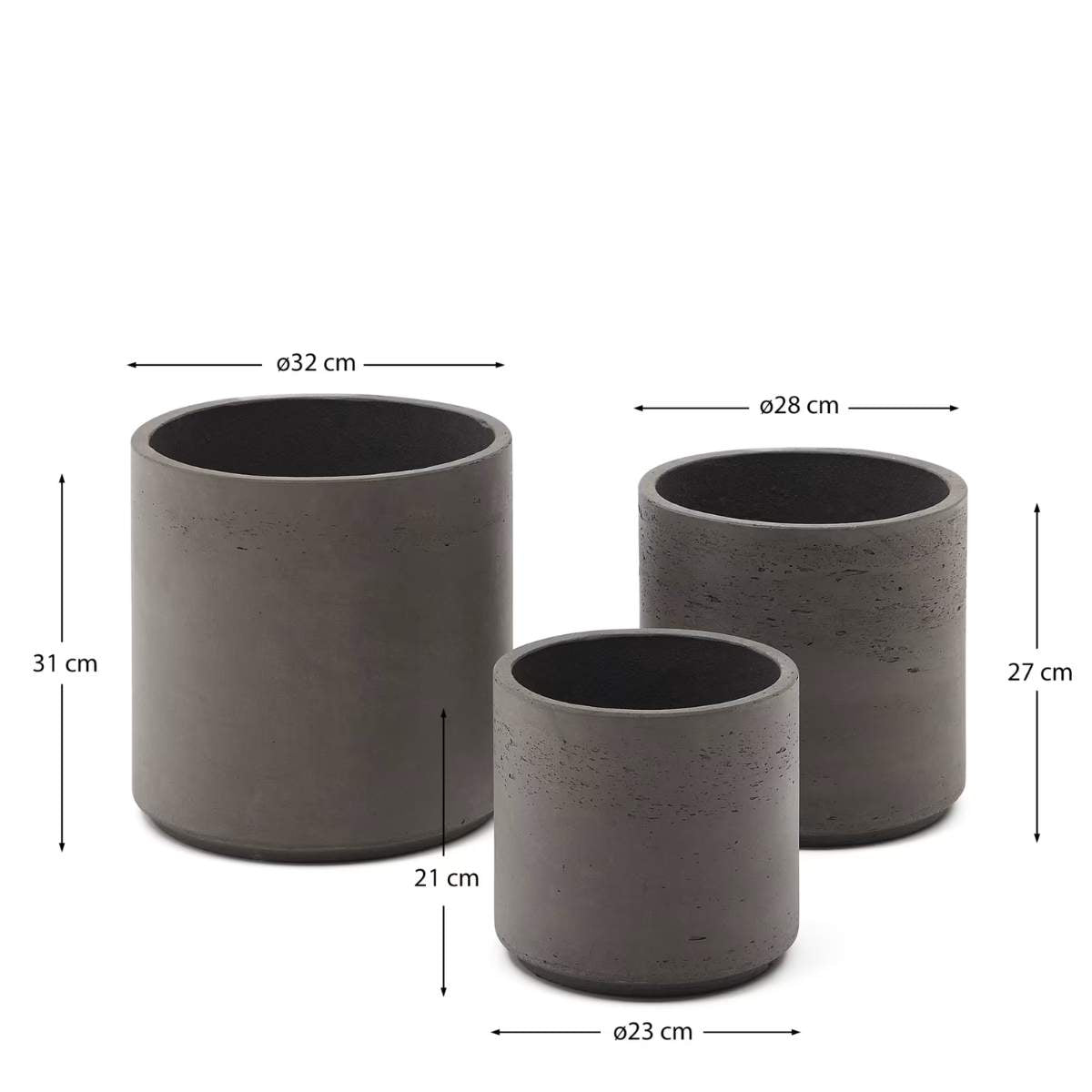Kave Home Sintina set of 3 grey cement and fiberglass plant pots Ø 23 cm / Ø 27.5 cm / 32 cm