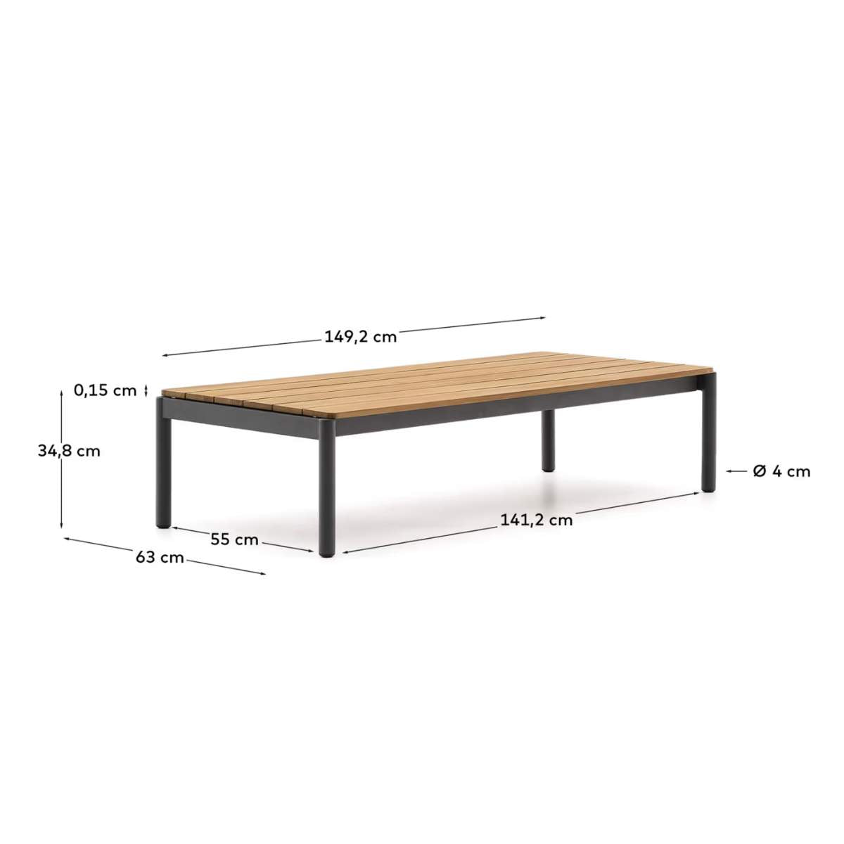 Kave Home Sorells coffee table in green aluminum and teak wood 63 x 144,6 cm FSC 100%