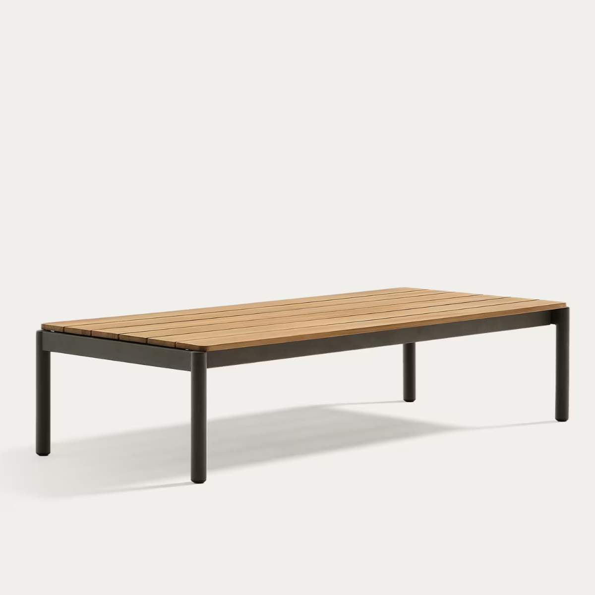 Kave Home Sorells coffee table in green aluminum and teak wood 63 x 144,6 cm FSC 100%