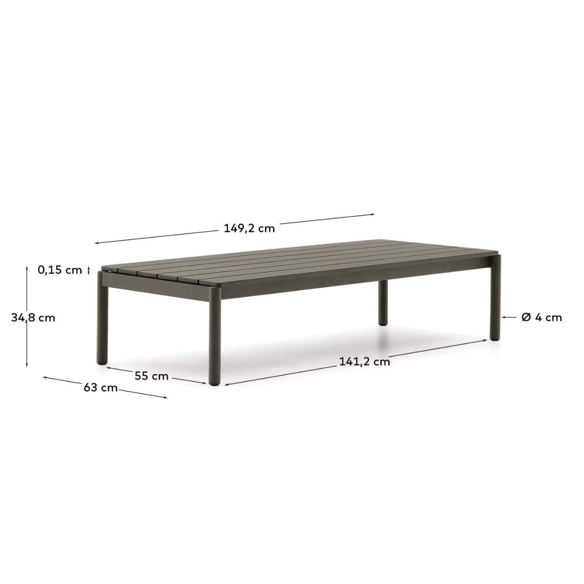 Kave Home Sorells coffee table in green aluminum 63 x 144,6 cm