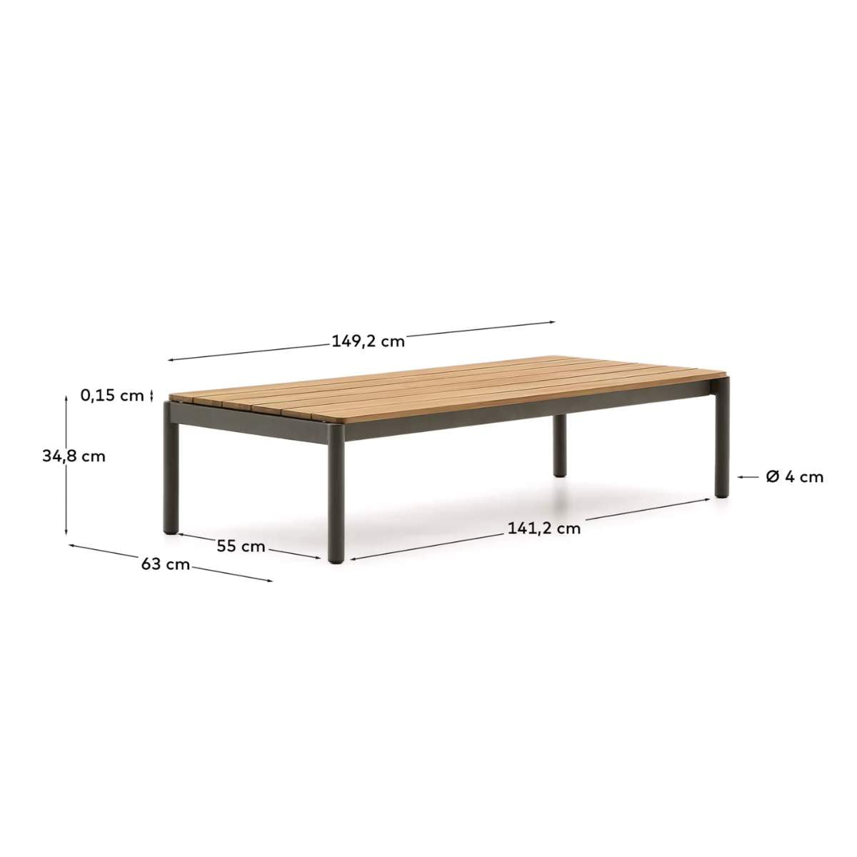 Kave Home Sorells coffee table in green aluminum and teak wood 63 x 144,6 cm FSC 100%