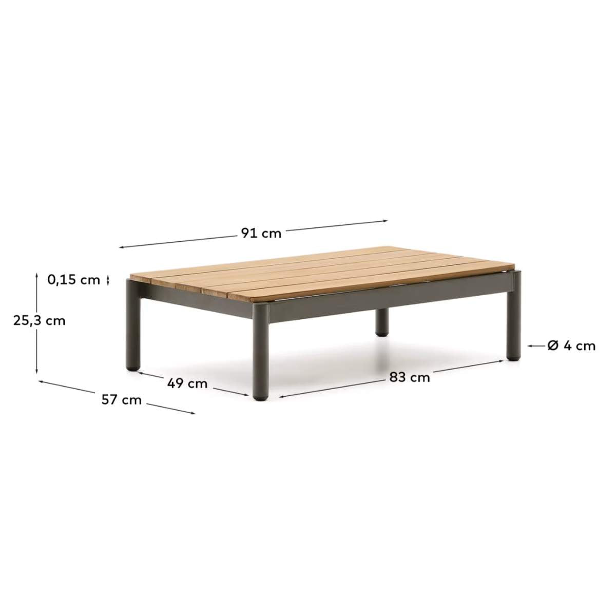 Kave Home Sorells coffee table in green aluminum and teak wood 52,4 x 91 cm FSC 100%