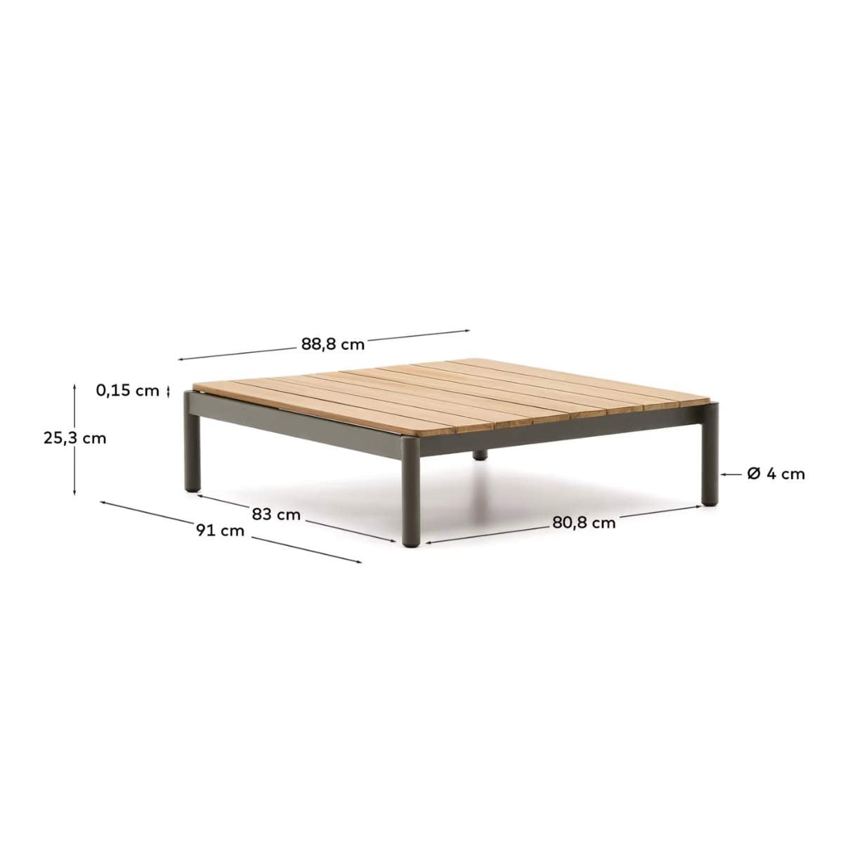 Kave Home Sorells coffee table in green aluminum and teak wood 89 x 91 cm FSC 100%