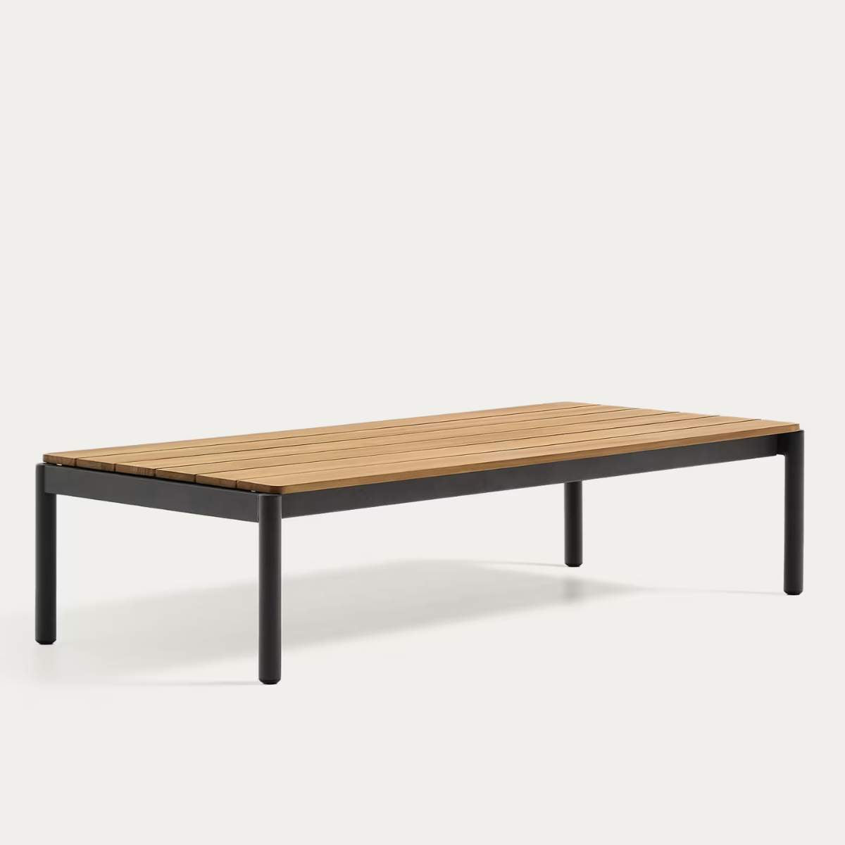 Kave Home Sorells coffee table in green aluminum and teak wood 63 x 144,6 cm FSC 100%