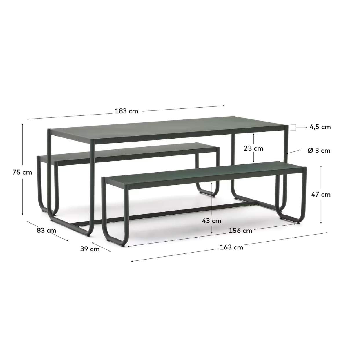 Kave Home Sotil Set of 2 Benches and Galvanized Steel Table with Garnet Finish 183 x 83 cm