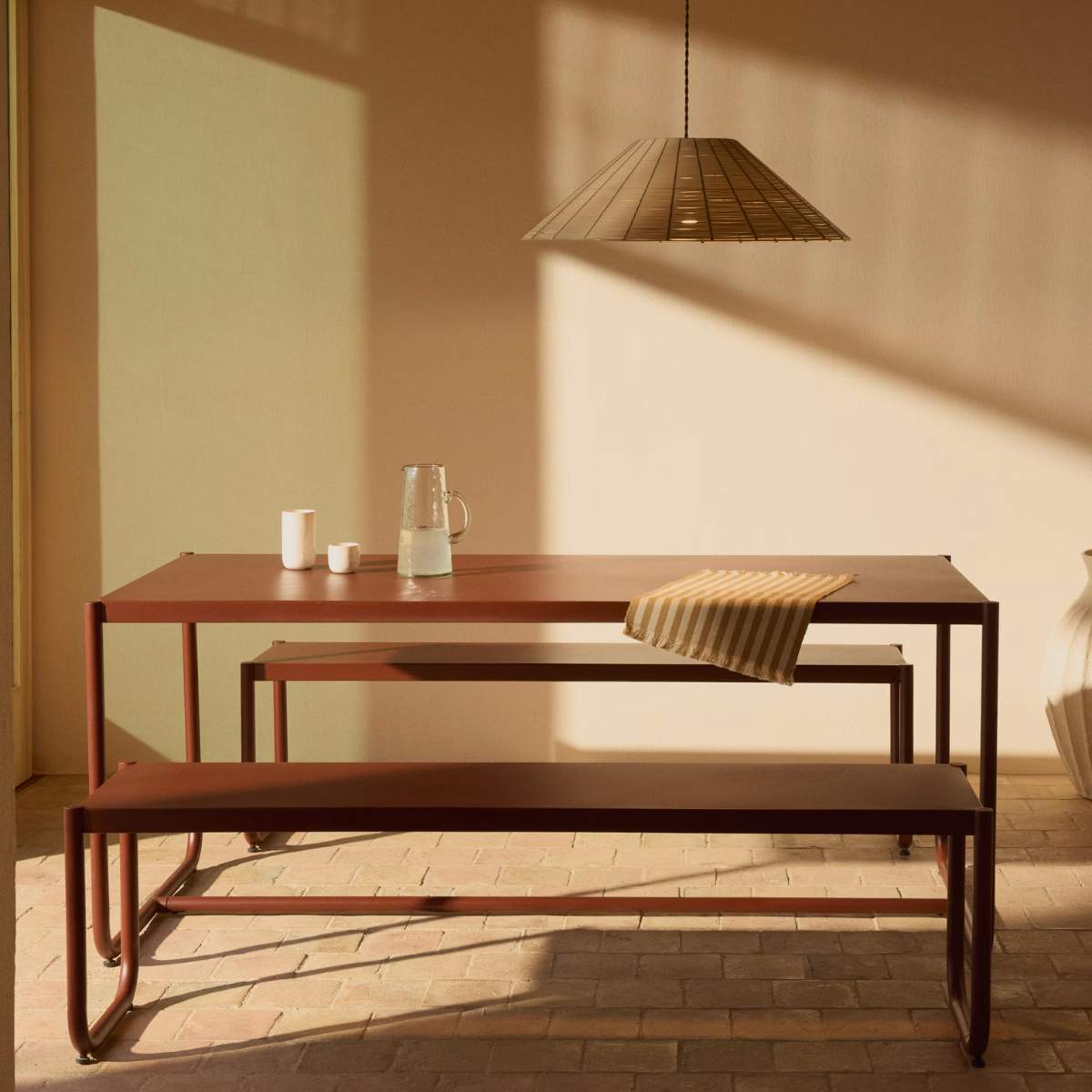 Kave Home Sotil Set of 2 Benches and Galvanized Steel Table with Garnet Finish 183 x 83 cm