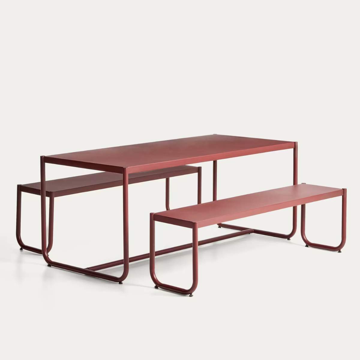 Kave Home Sotil Set of 2 Benches and Galvanized Steel Table with Garnet Finish 183 x 83 cm