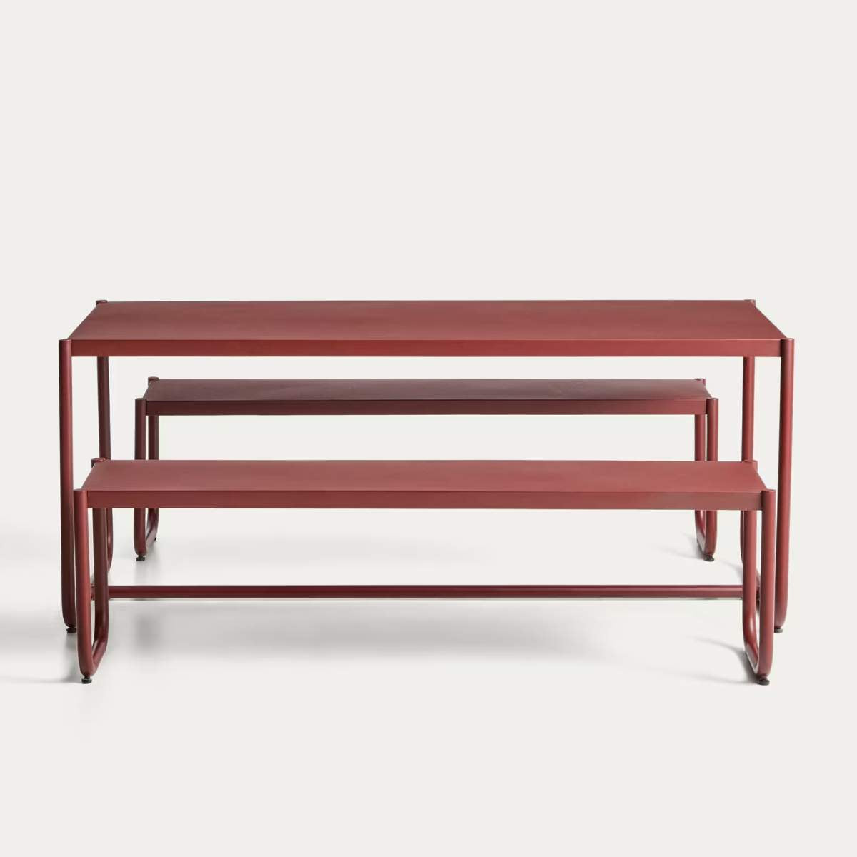 Kave Home Sotil Set of 2 Benches and Galvanized Steel Table with Garnet Finish 183 x 83 cm