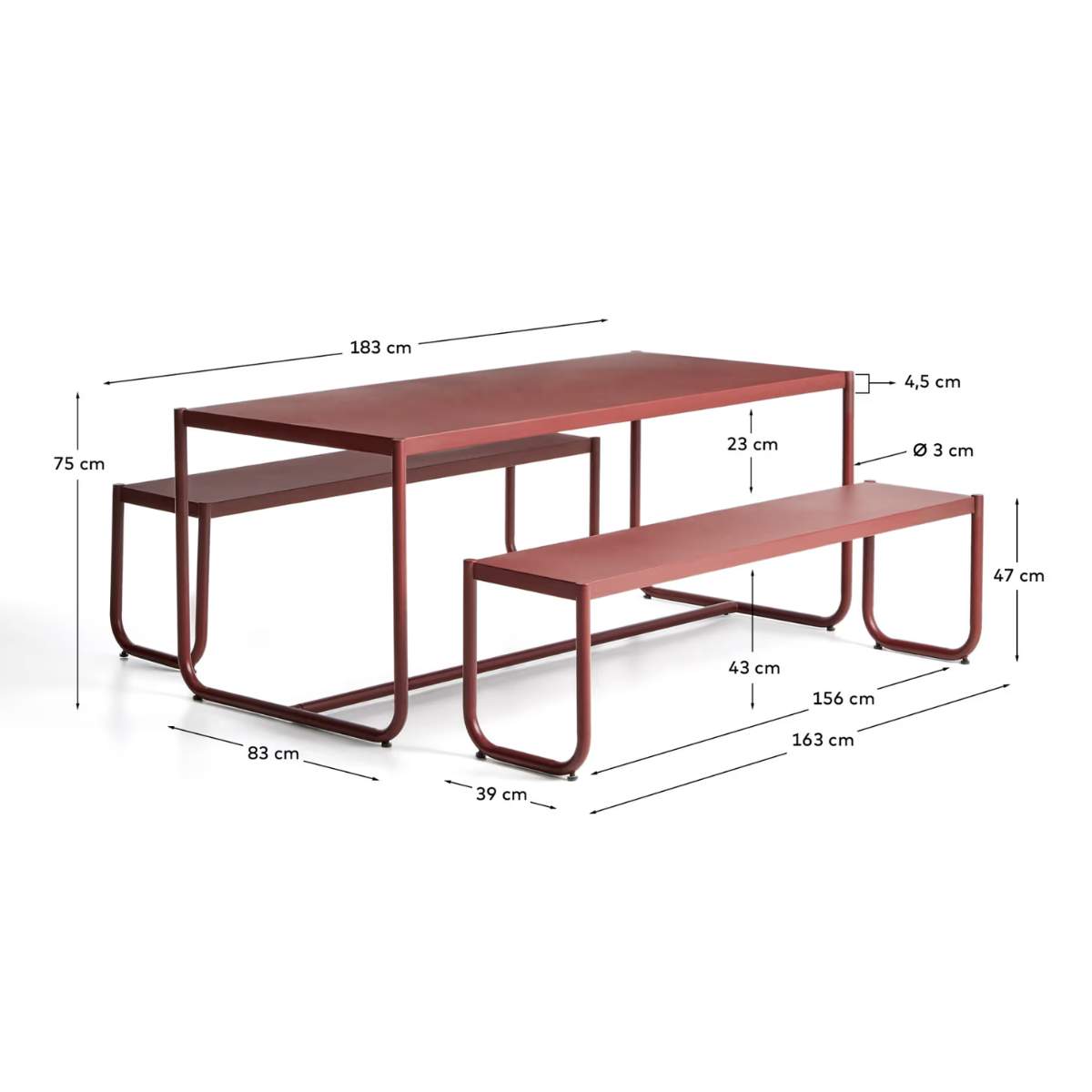 Kave Home Sotil Set of 2 Benches and Galvanized Steel Table with Garnet Finish 183 x 83 cm