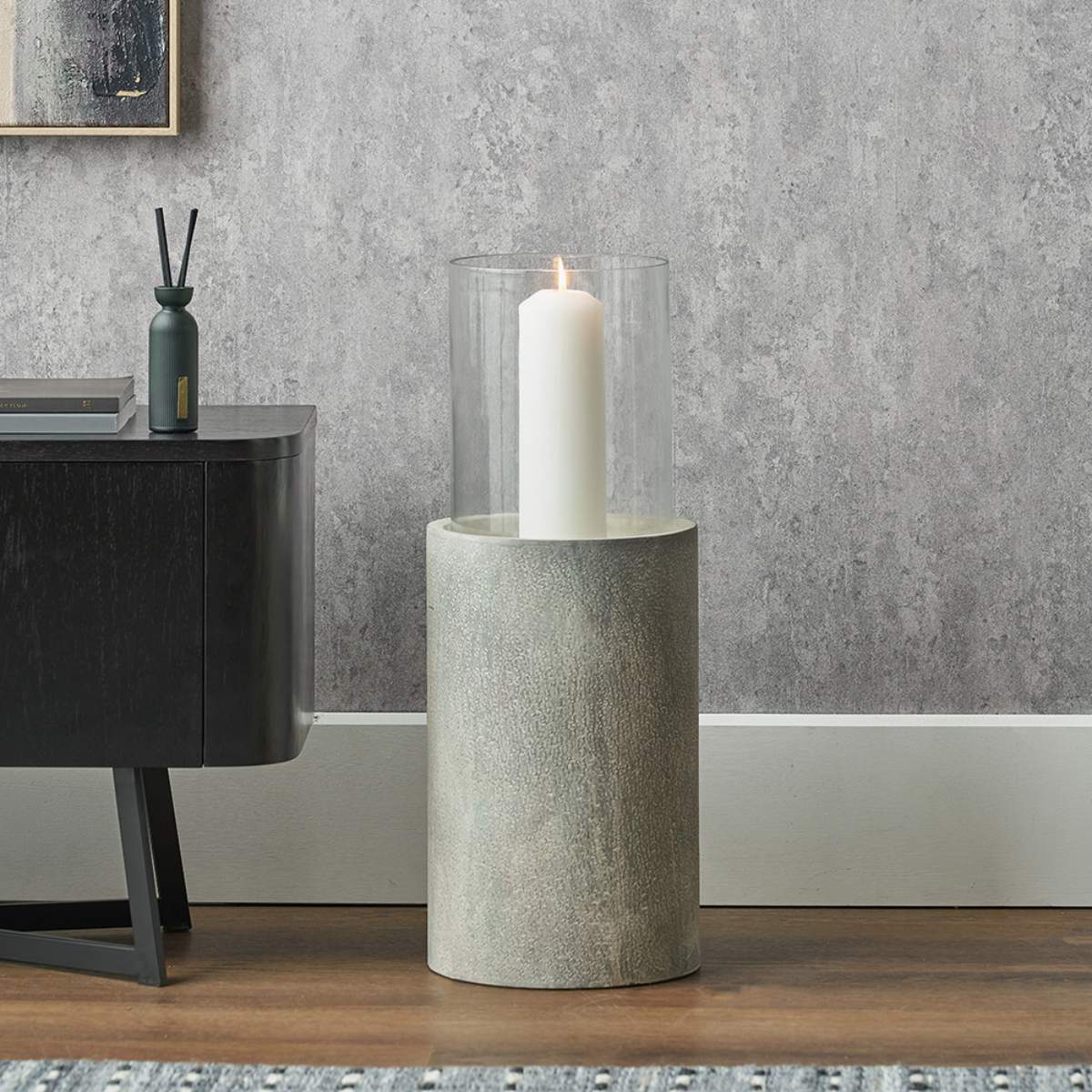 Beau&Co Stone Grey Metal and Clear Glass Hurricane Large