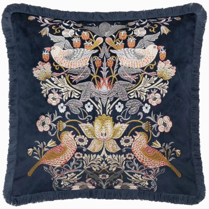 Faire Strawberry Thief Embroidered Velvet Cushion Indigo