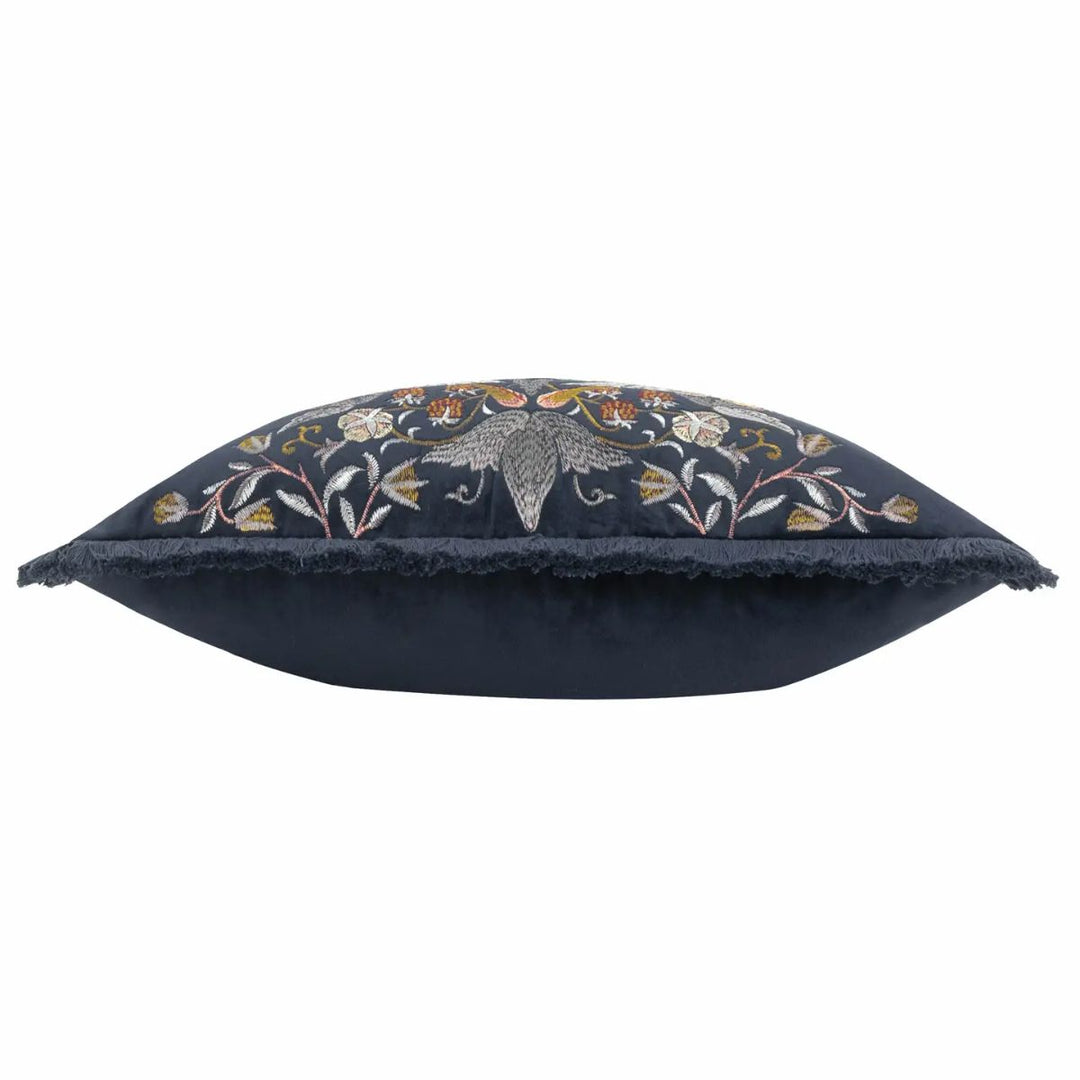 Faire Strawberry Thief Embroidered Velvet Cushion Indigo