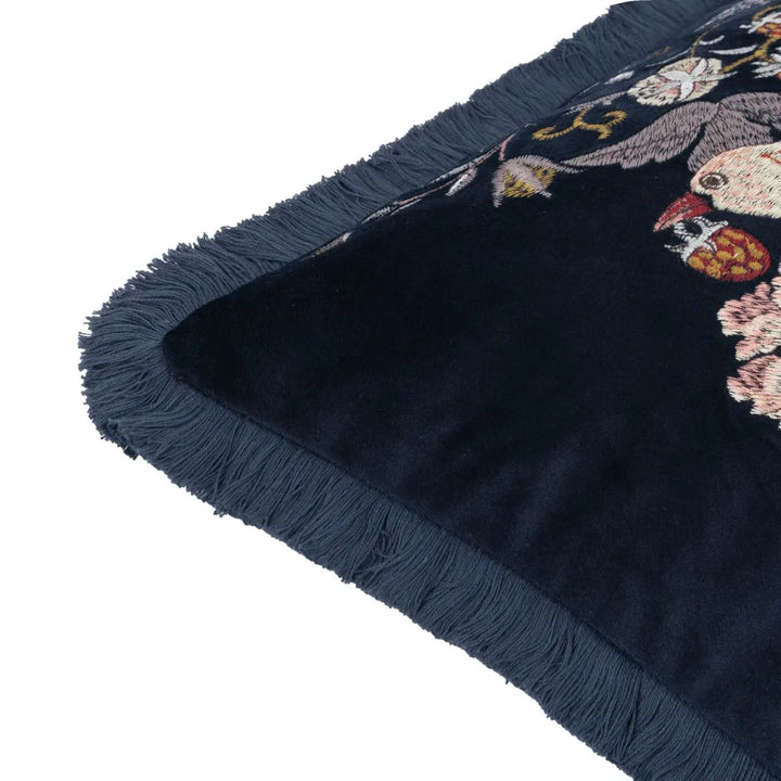 Faire Strawberry Thief Embroidered Velvet Cushion Indigo