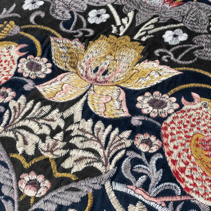 Faire Strawberry Thief Embroidered Velvet Cushion Indigo
