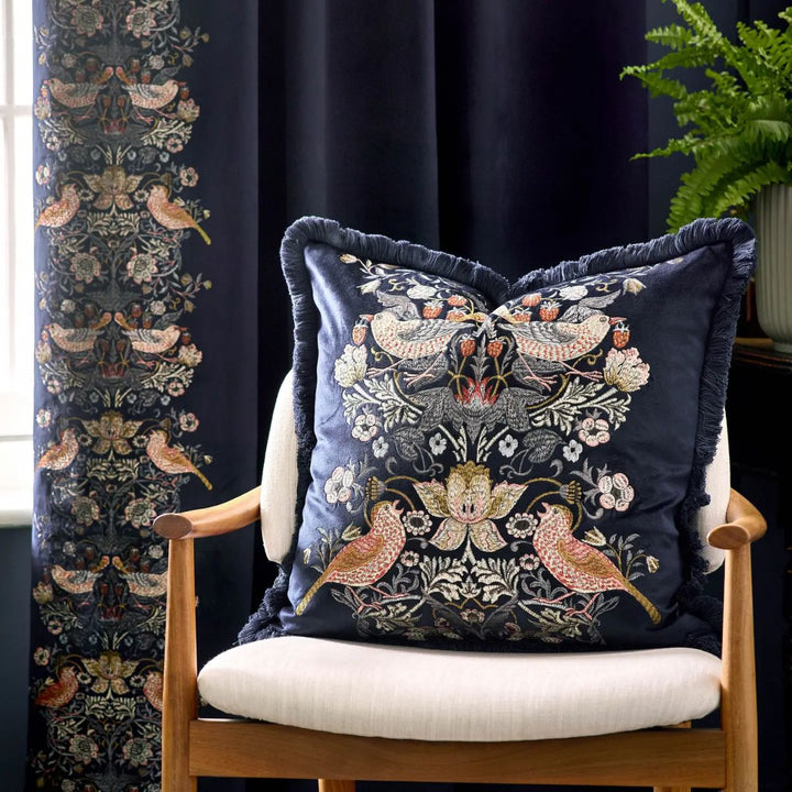 Faire Strawberry Thief Embroidered Velvet Cushion Indigo