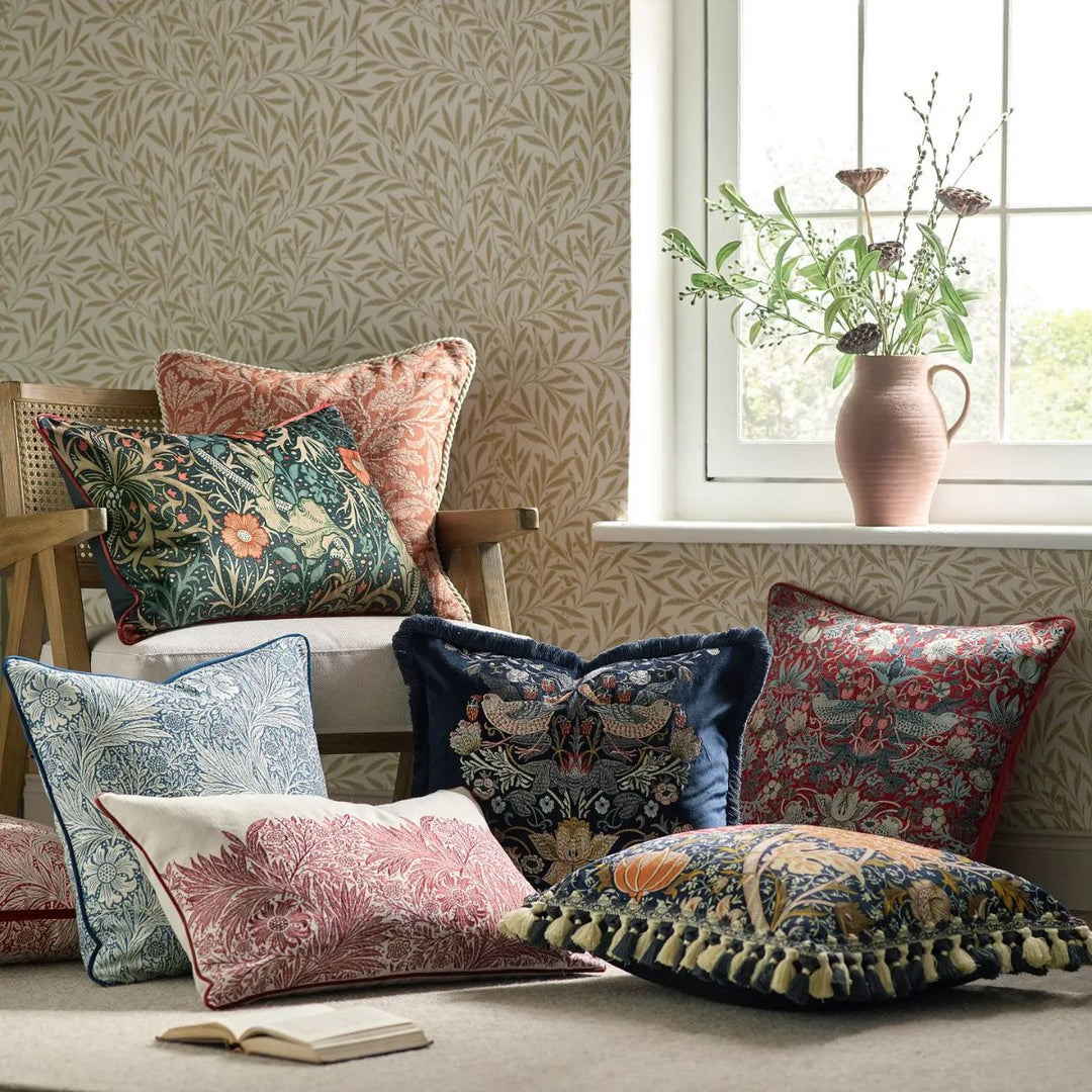 Faire Strawberry Thief Embroidered Velvet Cushion Indigo