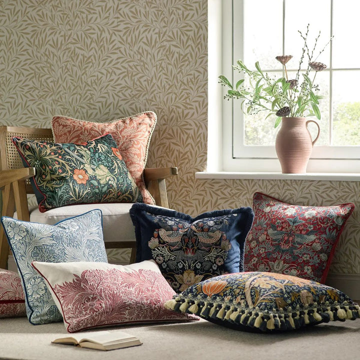 Faire Strawberry Thief Embroidered Velvet Cushion Indigo