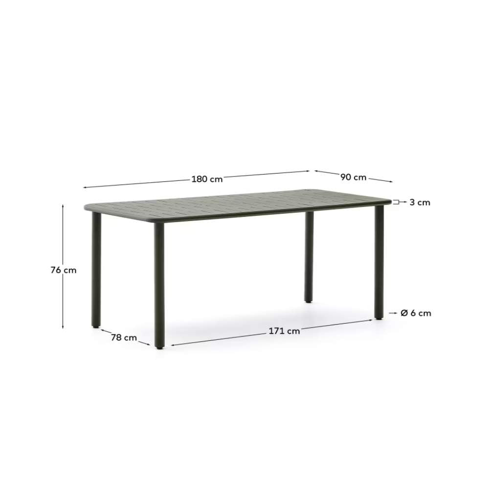 Kave Home Brai Outdoor Table in Green Galvanised Steel – 180 x 90cm