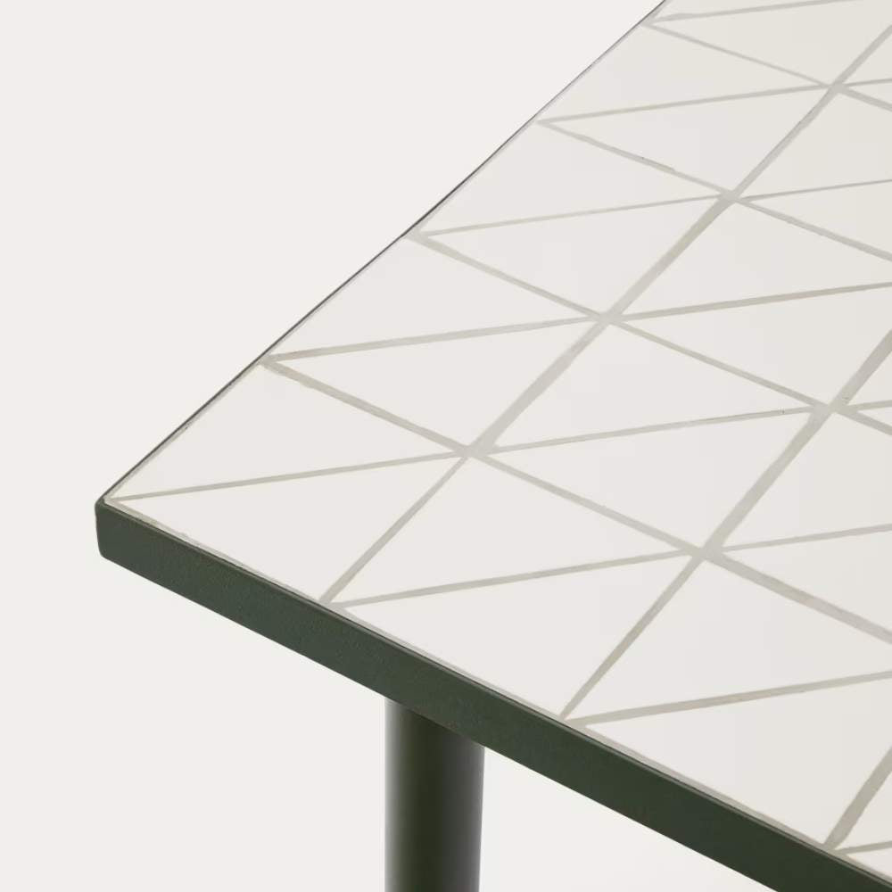 Kave Home Maurina Outdoor Table in Green Galvanised Steel with Ecru-Colored Tiles (182 x 91 cm)