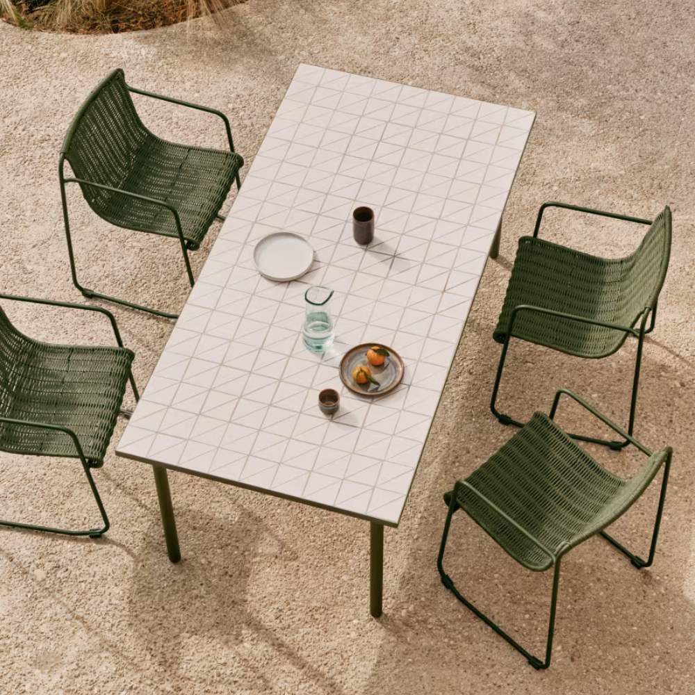 Kave Home Maurina Outdoor Table in Green Galvanised Steel with Ecru-Colored Tiles (182 x 91 cm)