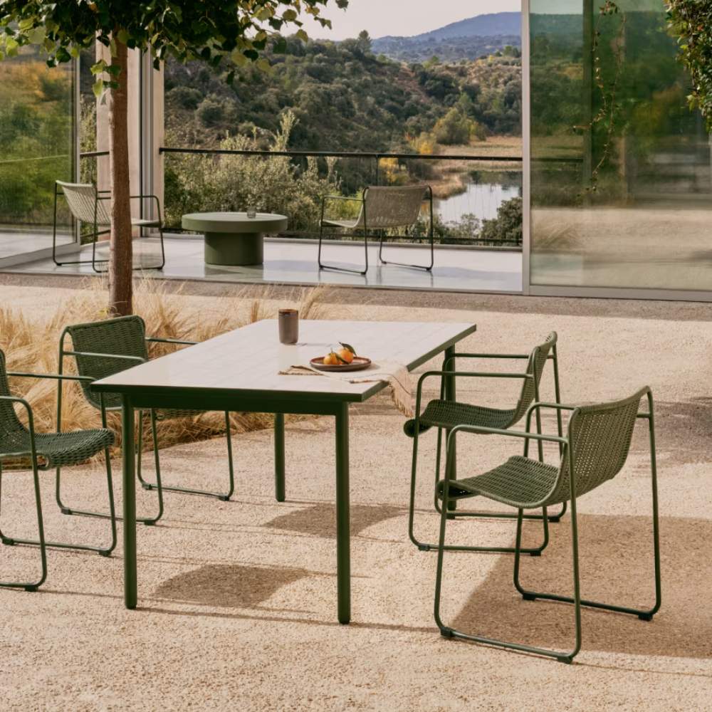 Kave Home Maurina Outdoor Table in Green Galvanised Steel with Ecru-Colored Tiles (182 x 91 cm)