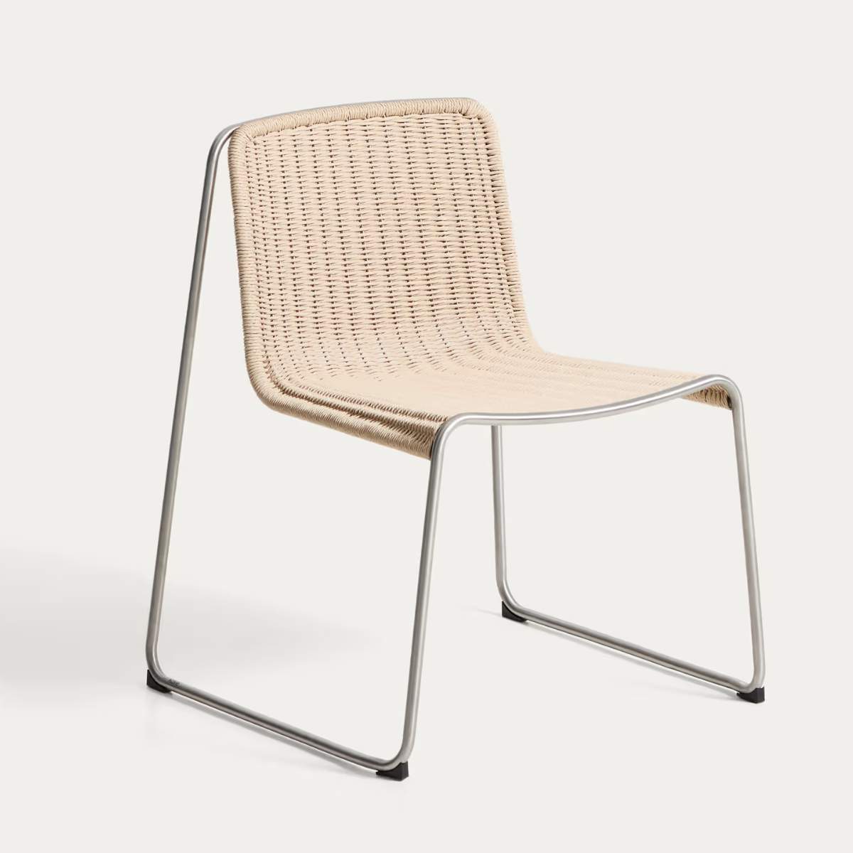 Kave Home Tavari stackable chair in beige synthetic rope cord and AISI 304 stainless steel with brushed finish