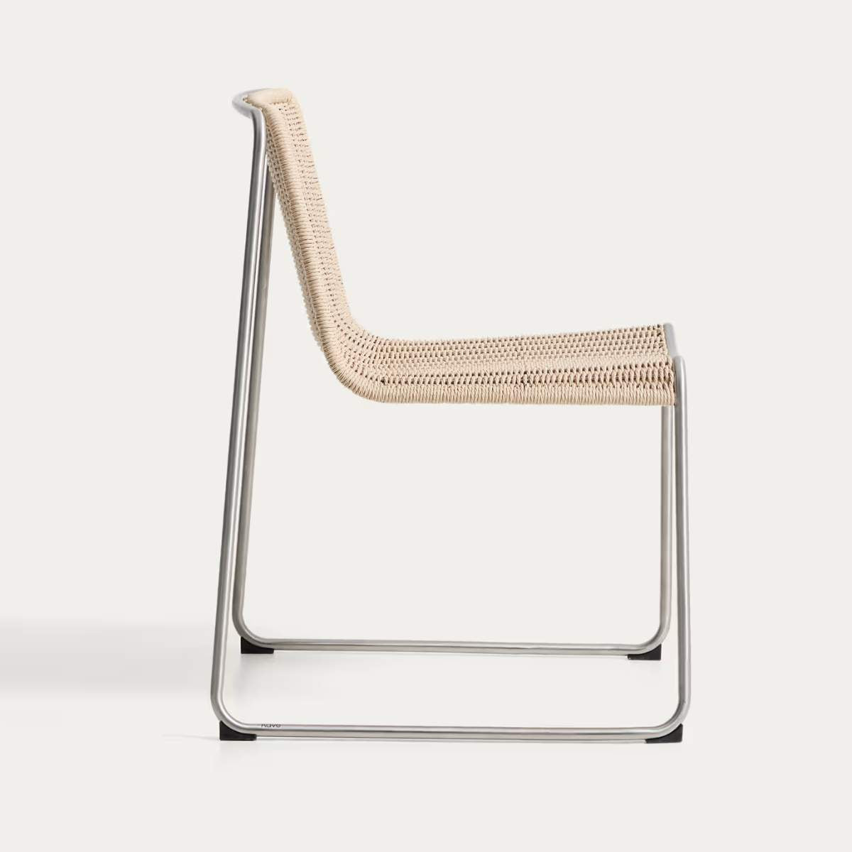 Kave Home Tavari stackable chair in beige synthetic rope cord and AISI 304 stainless steel with brushed finish