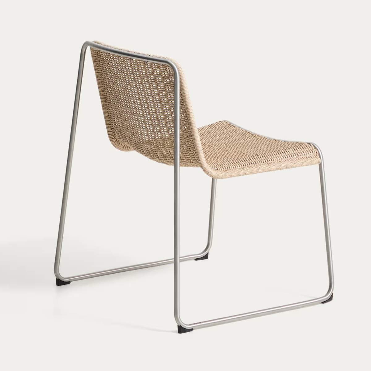 Kave Home Tavari stackable chair in beige synthetic rope cord and AISI 304 stainless steel with brushed finish
