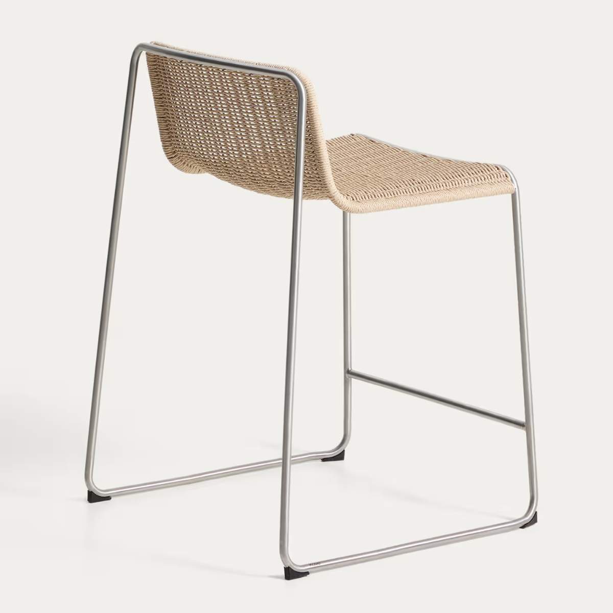 Kave Home Tavari stackable stool in beige synthetic rope cord and AISI 304 stainless steel with brushed finish 65 cm