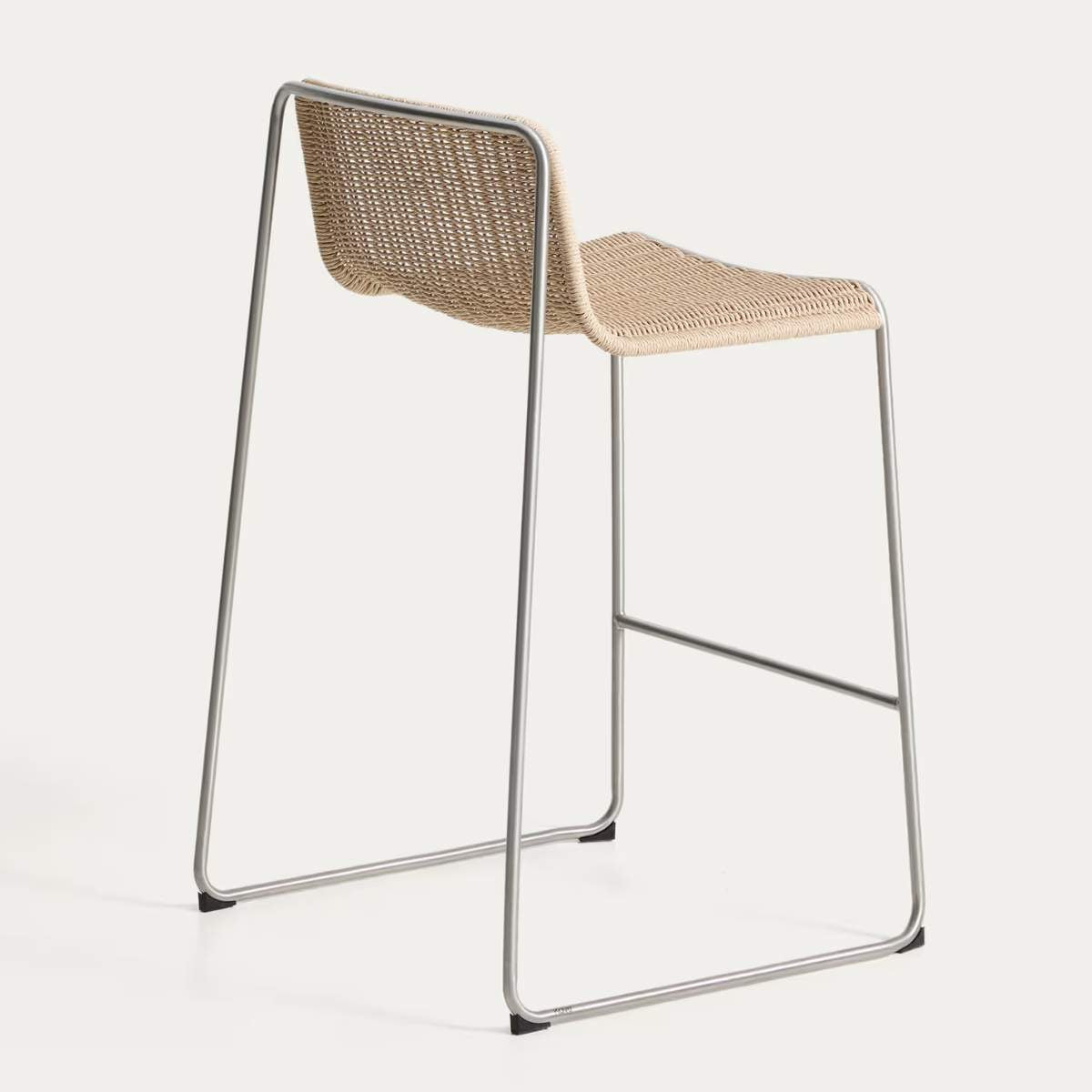 Kave Home Tavari stackable stool in beige synthetic rope cord and AISI 304 stainless steel with brushed finish 75 cm