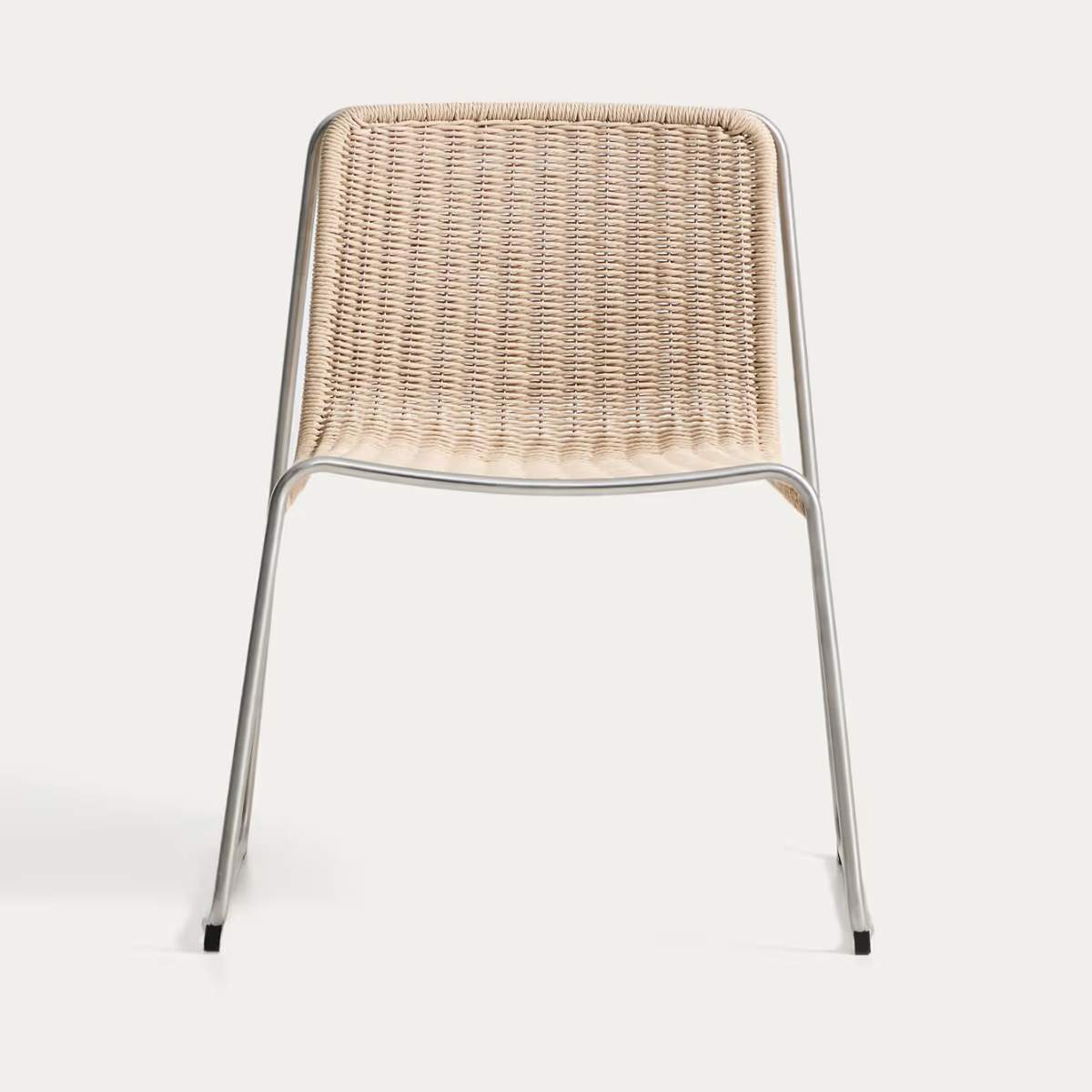 Kave Home Tavari stackable chair in beige synthetic rope cord and AISI 304 stainless steel with brushed finish