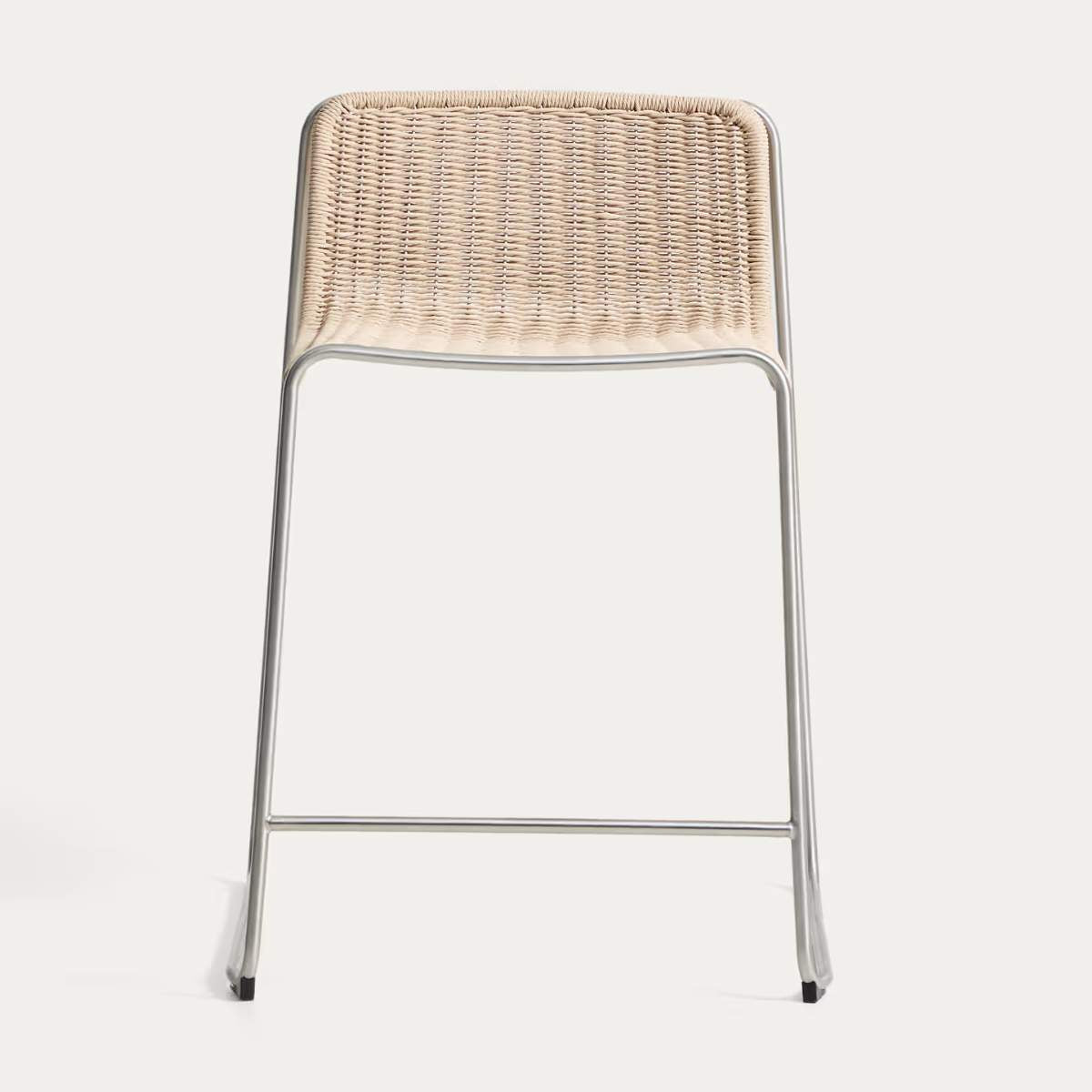 Kave Home Tavari stackable stool in beige synthetic rope cord and AISI 304 stainless steel with brushed finish 65 cm