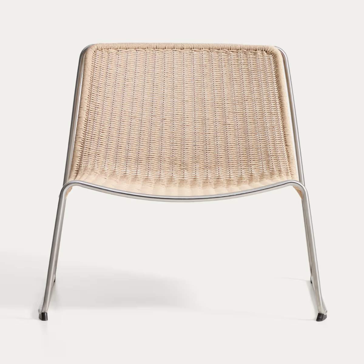 Kave Home Tavari stackable armchair in beige synthetic rope cord and AISI 304 stainless steel with brushed finish