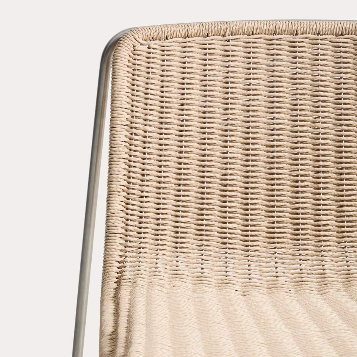 Kave Home Tavari stackable chair in beige synthetic rope cord and AISI 304 stainless steel with brushed finish