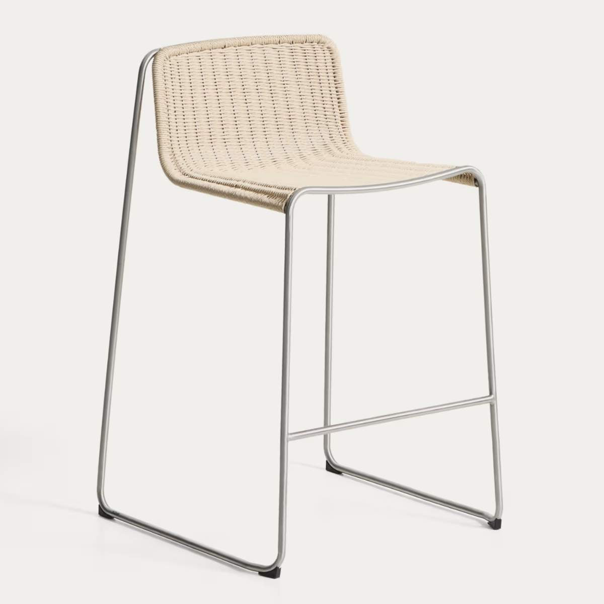 Kave Home Tavari stackable stool in beige synthetic rope cord and AISI 304 stainless steel with brushed finish 75 cm