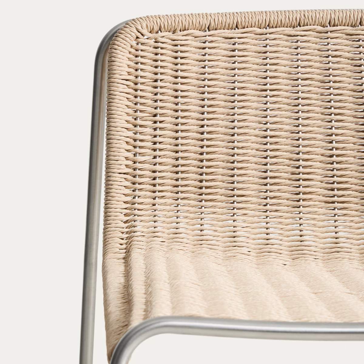 Kave Home Tavari stackable stool in beige synthetic rope cord and AISI 304 stainless steel with brushed finish 65 cm